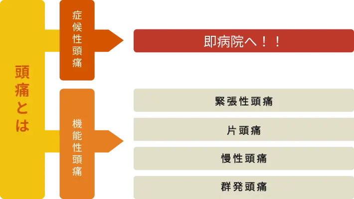 頭痛の分類は緊張型頭痛、片頭痛、慢性頭痛、群発頭痛、症候性頭痛。症候性頭痛は速病院へ!